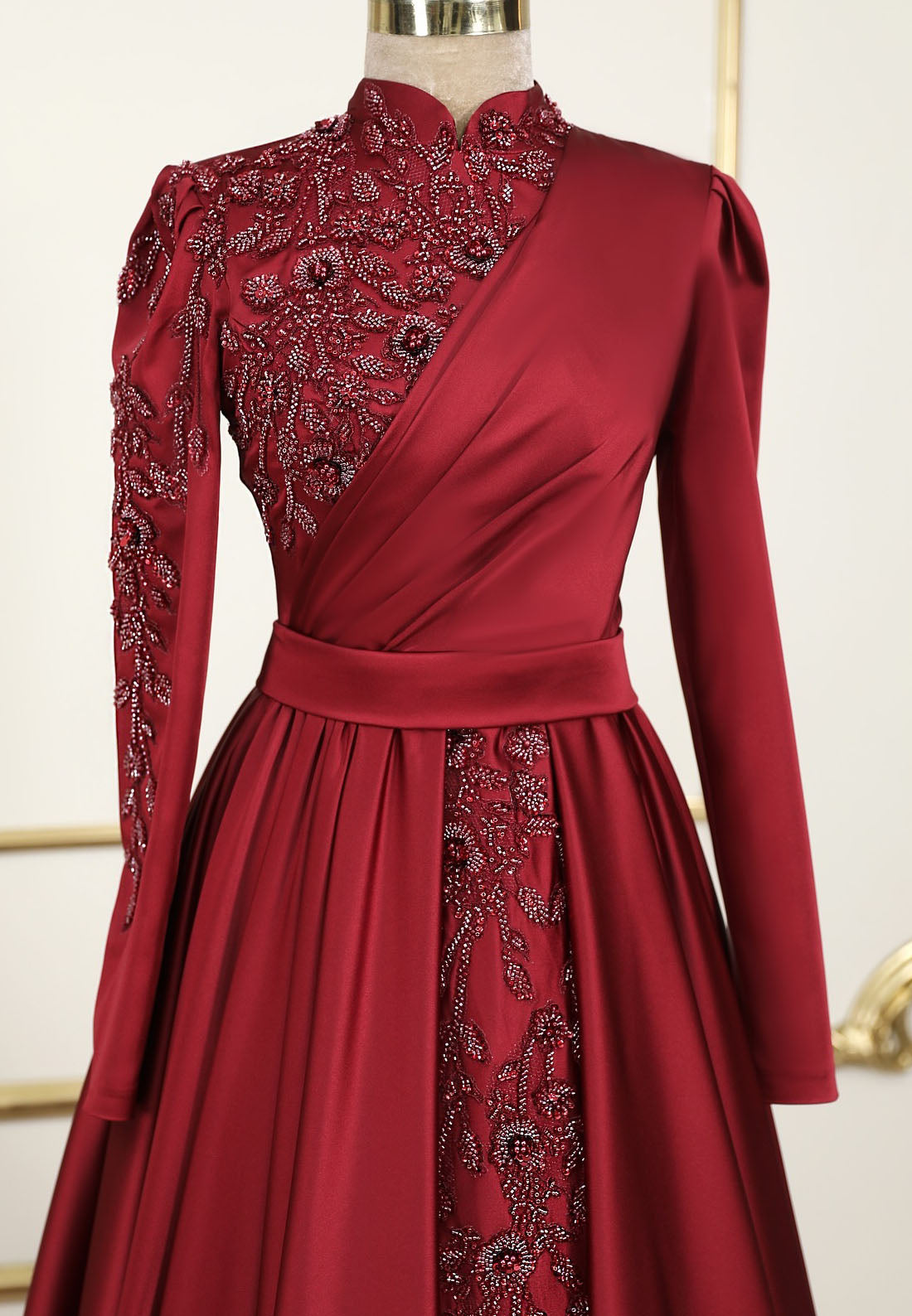 High Neck Long Sleeves Beaded Pleated A-Line Mother of Bride Dress