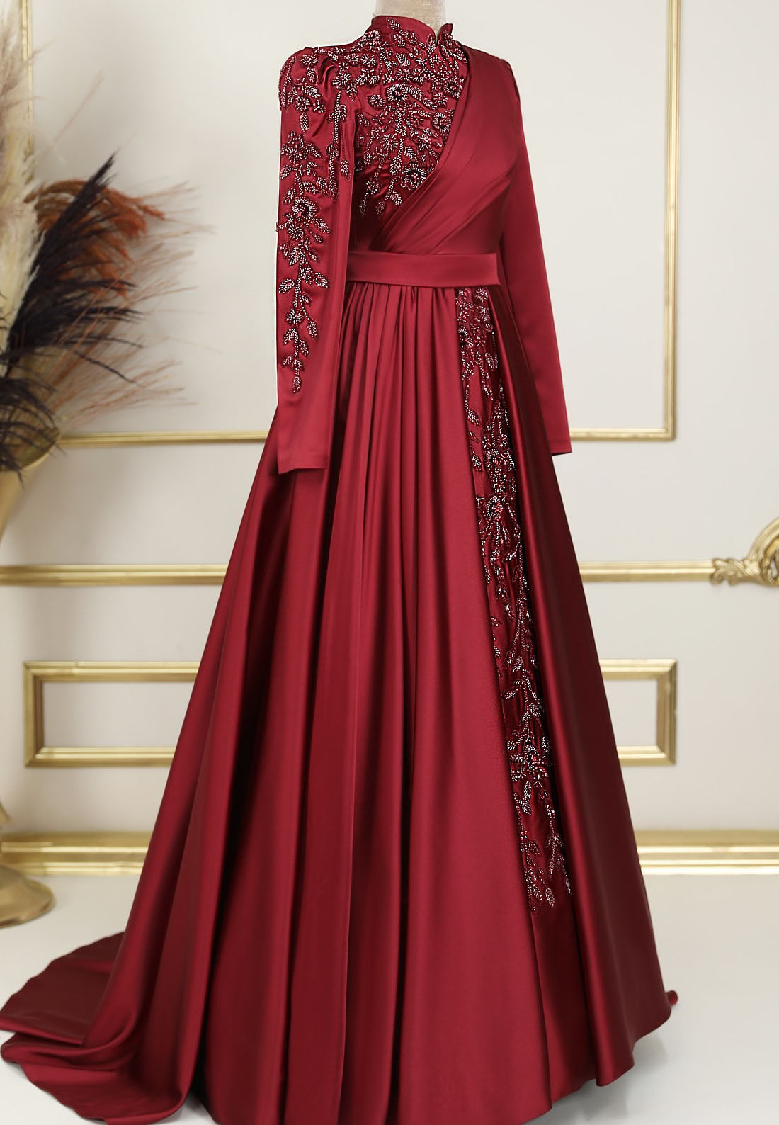 High Neck Long Sleeves Beaded Pleated A-Line Mother of Bride Dress