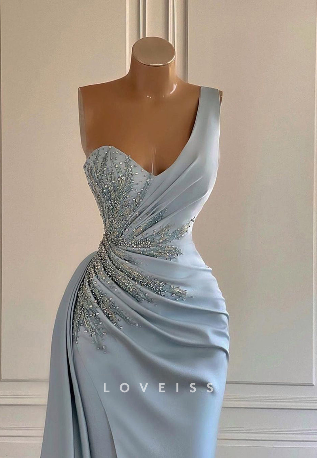 One Shoulder Sleeveless Appliques Ruched Sheath Prom Dress