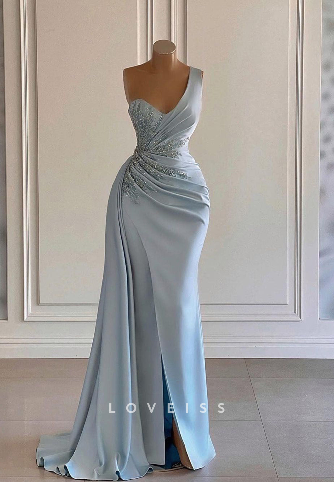 One Shoulder Sleeveless Appliques Ruched Sheath Prom Dress