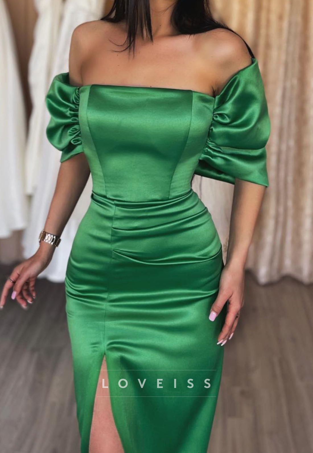 Straight Across Sleeves Euched Side Slit Bodycon Sheath Formal Dress