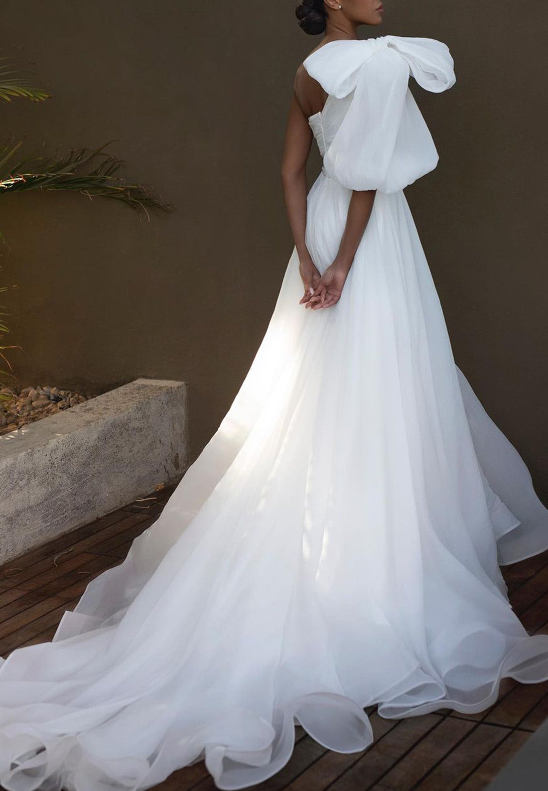 Asymmetrical Sleeves Pleated A-Line Wedding Dress