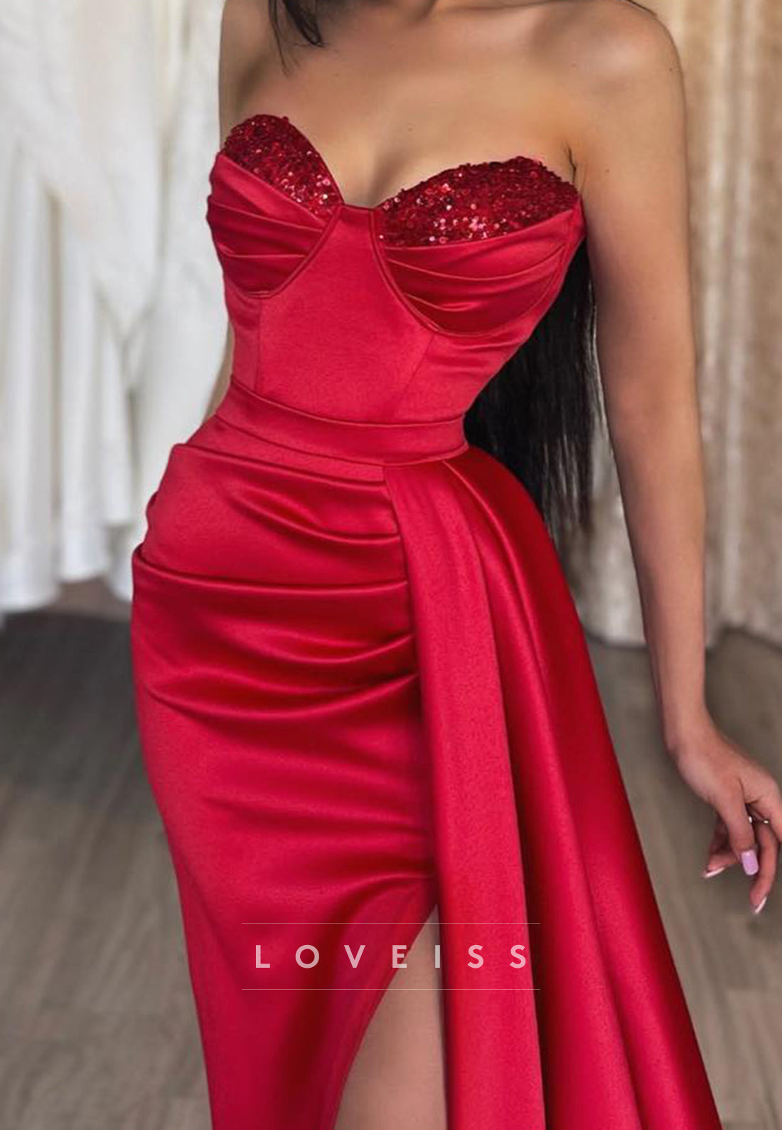 Semi-Sweetheart Strapless Sequins Ruched Side Slit Sheath Prom Dress