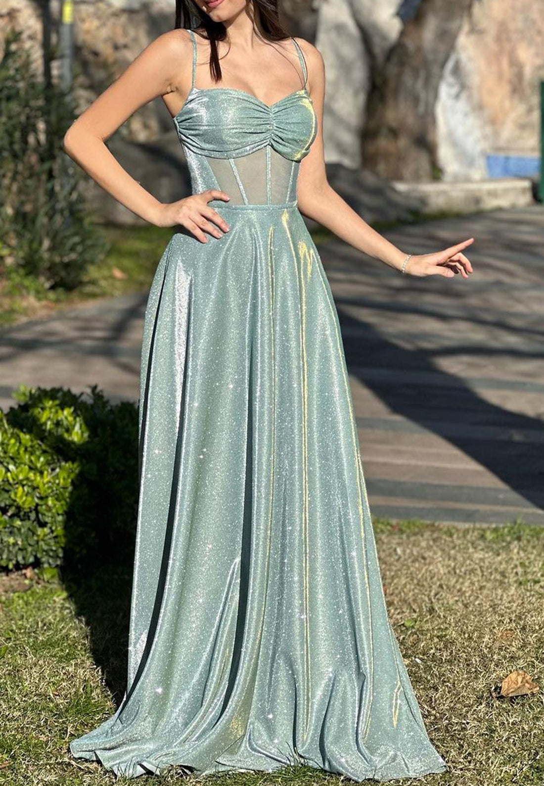 Sweetheart Spaghetti Straps Pleated Sparkly A-Line Prom Dress