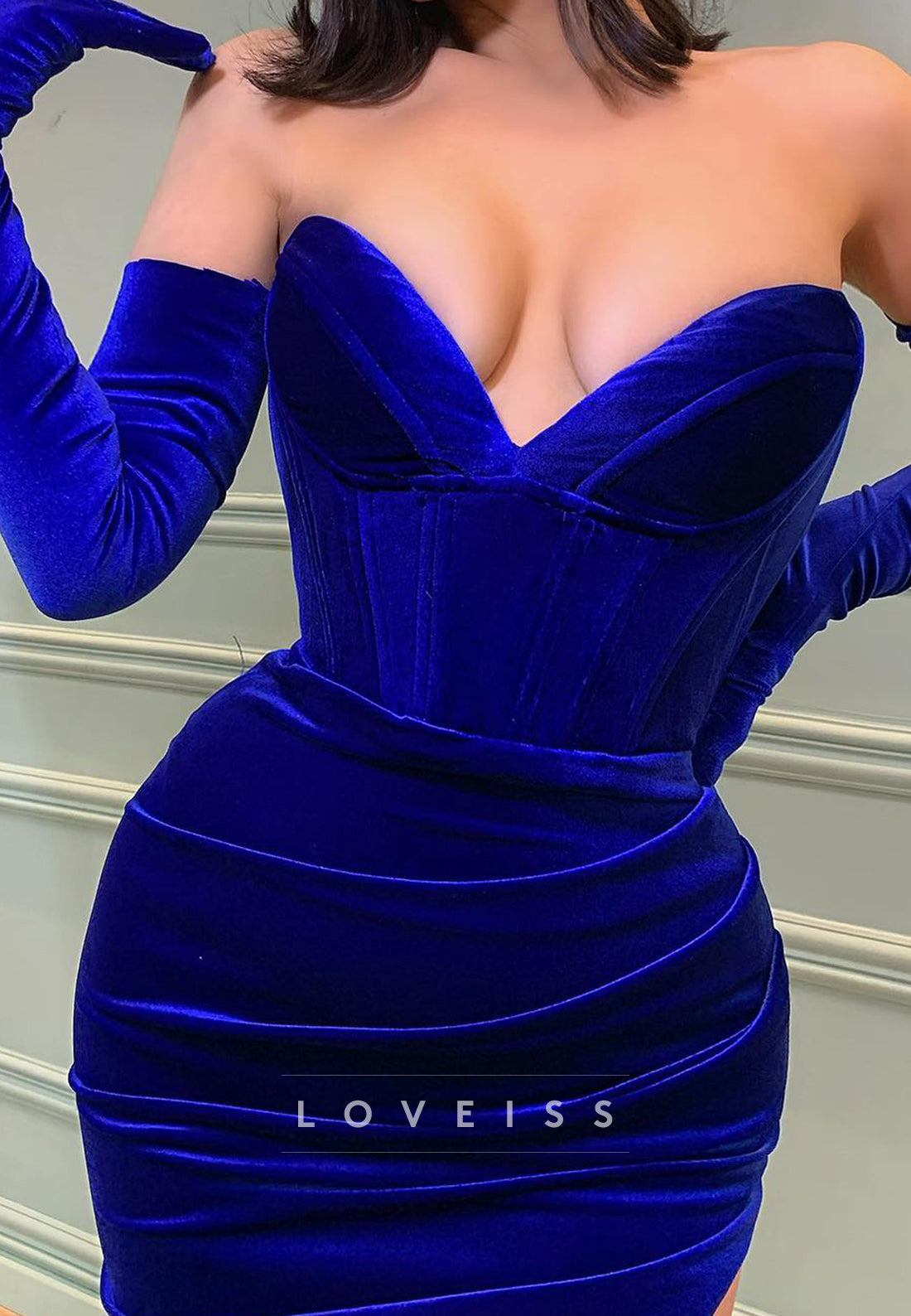 V-Neck Strapless Ruched High Slit Sheath Bodycon Formal Dress