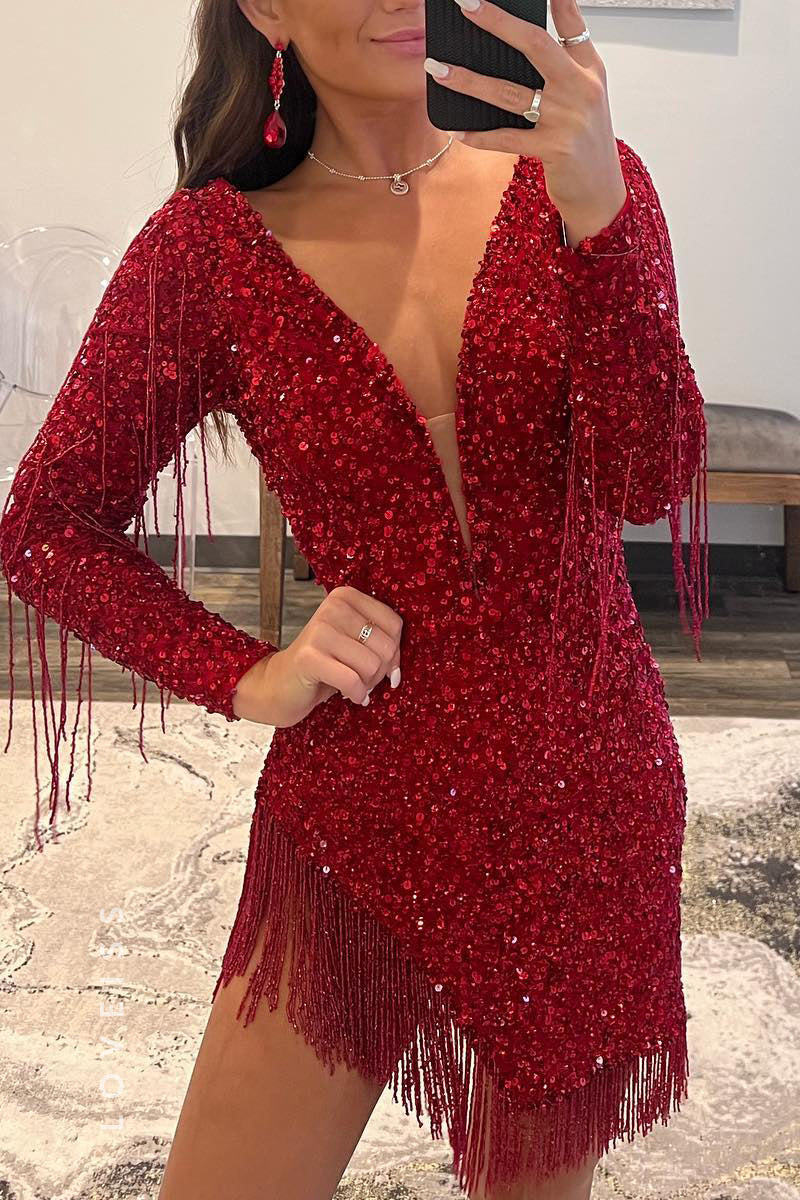 S6017 - Classic & Charming V neck Long Sleeves Sequined Homecoming Dress With Fringe