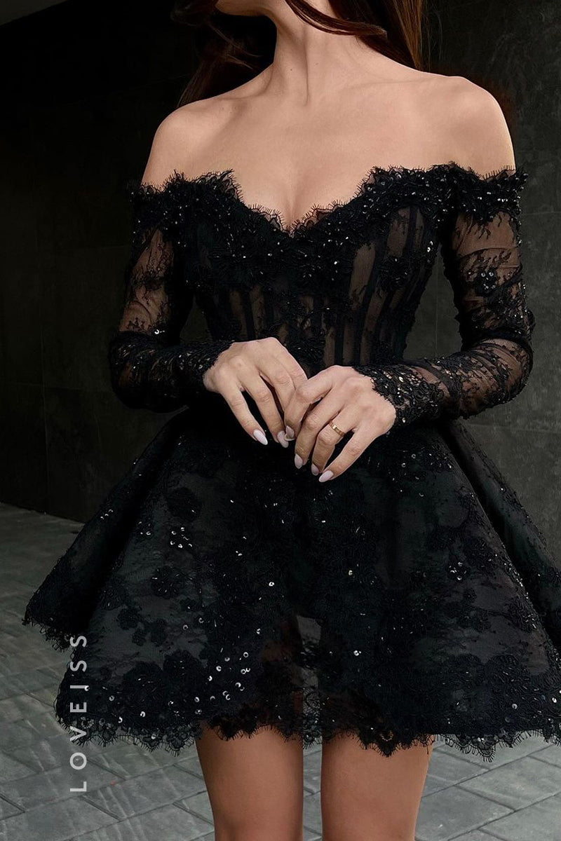 S6018 - Glamorous & Dramatic Off shoulder Long Sleeves Allove Lace Appliqued Homecoming Party Dress
