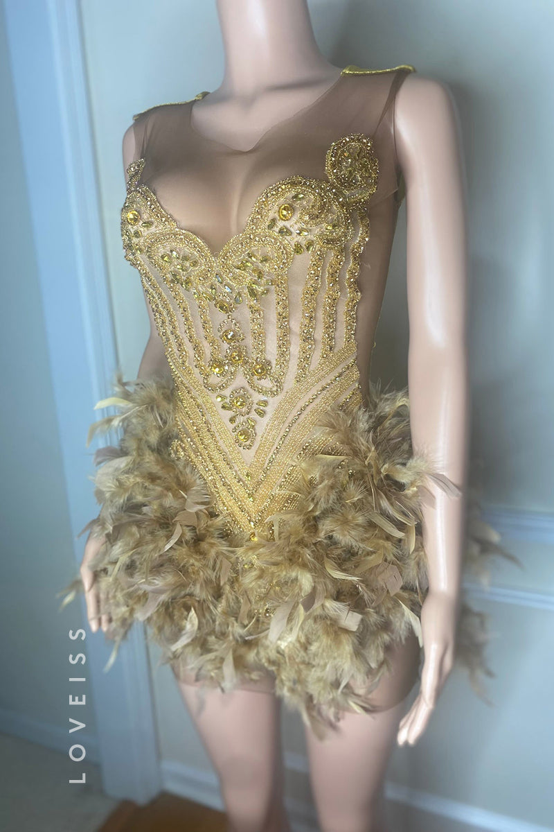 S6022 - Glamorous & Dramatic V neck Sleeveless Sequined Homecoming Dres With Feathers