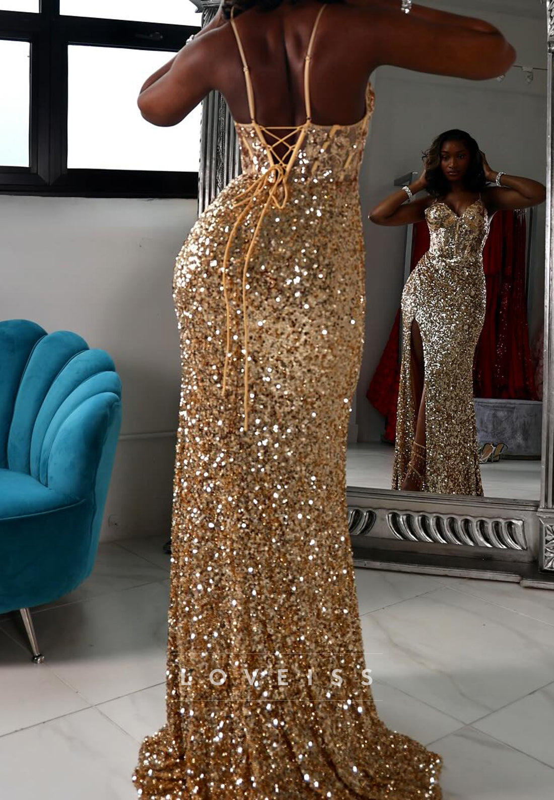V-Neck Spaghetti Straps Appliques Sequins Sheath Prom Sparkly Dress