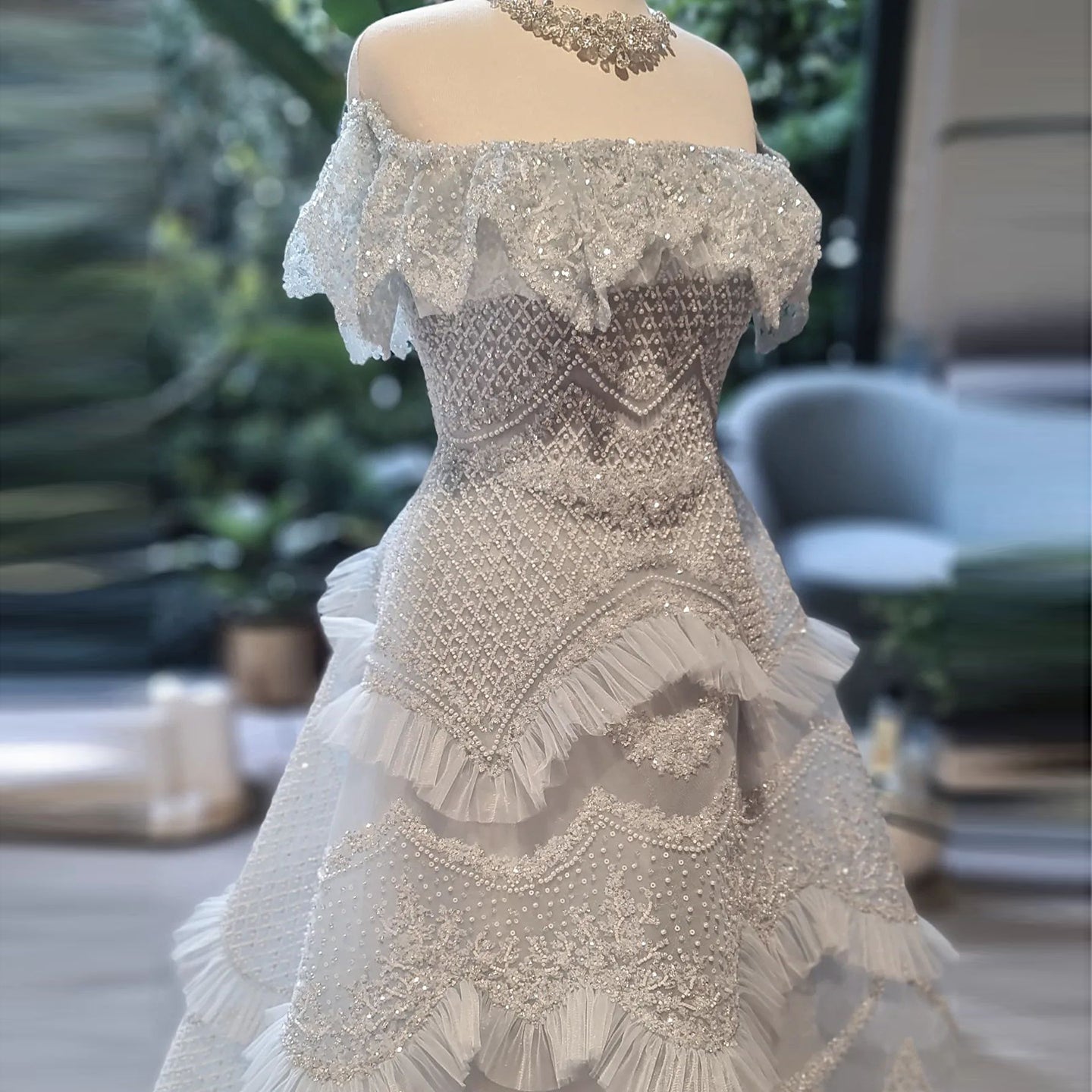 Luxury Pearls Silver Gray Off Shoulder A-Line Evening Dress