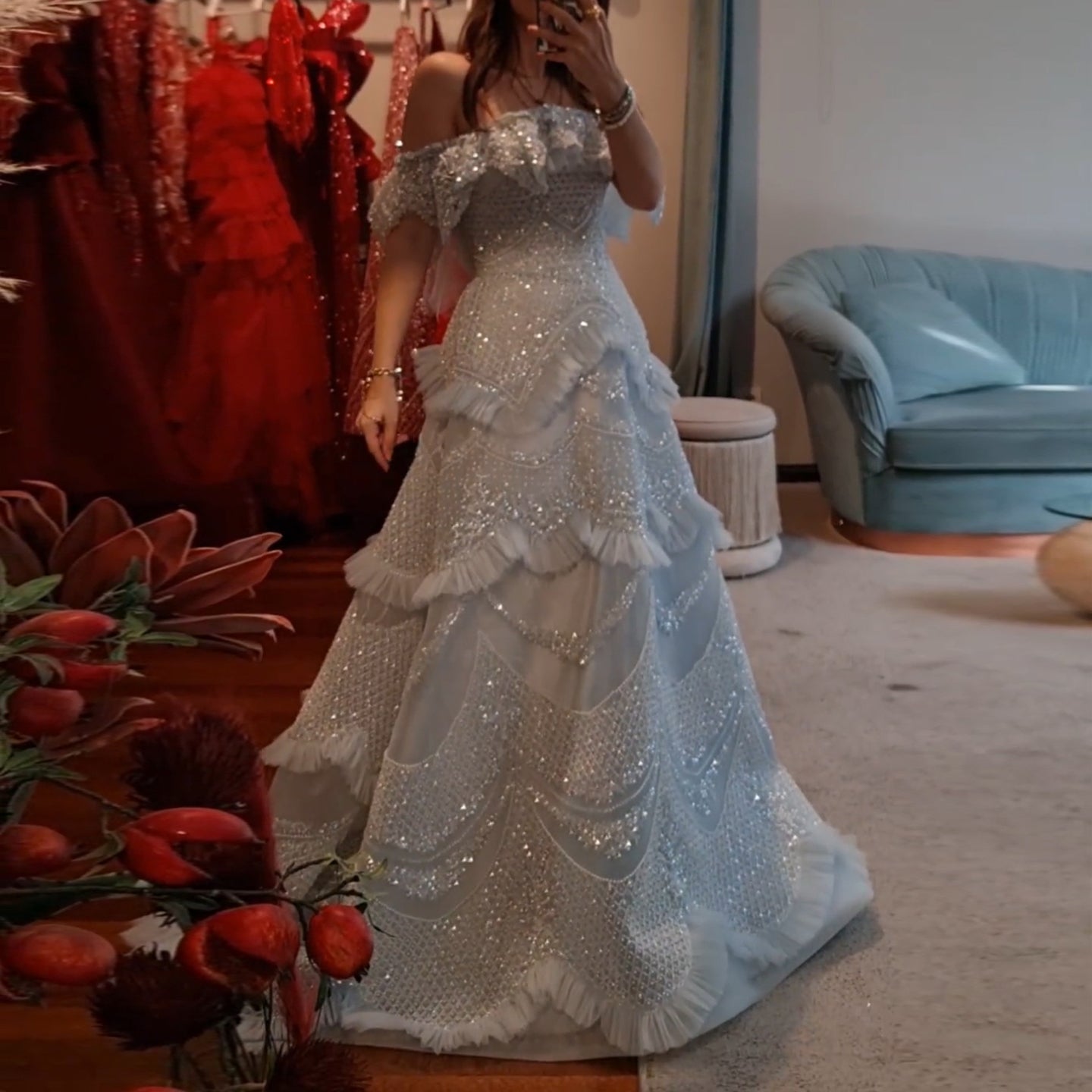 Luxury Pearls Silver Gray Off Shoulder A-Line Evening Dress