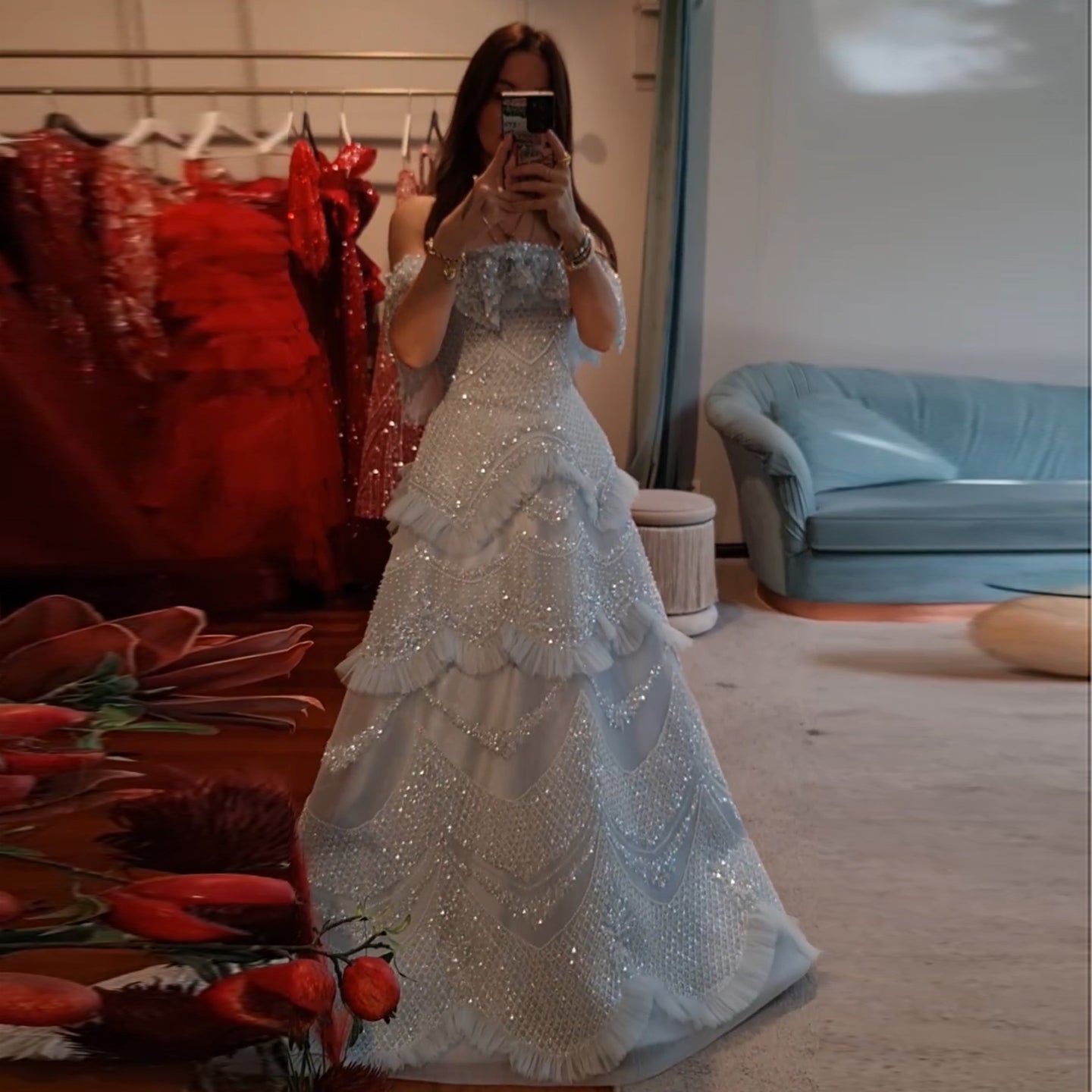 Luxury Pearls Silver Gray Off Shoulder A-Line Evening Dress