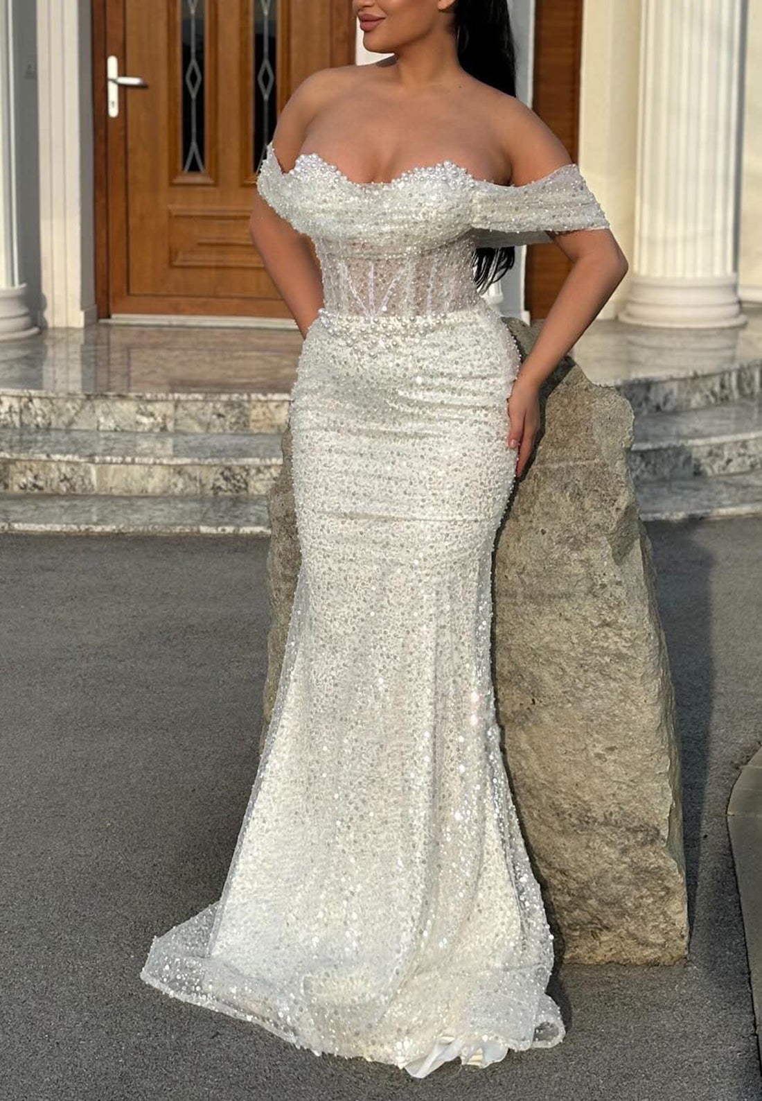 Off-Shoulder Strapless Sequins Beaded Sparkly Prom Dress