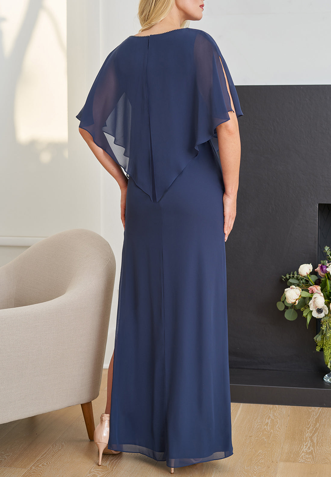 V-Neck Short Sleeves Chiffon Mother of Bride Dress Cocktail Dress