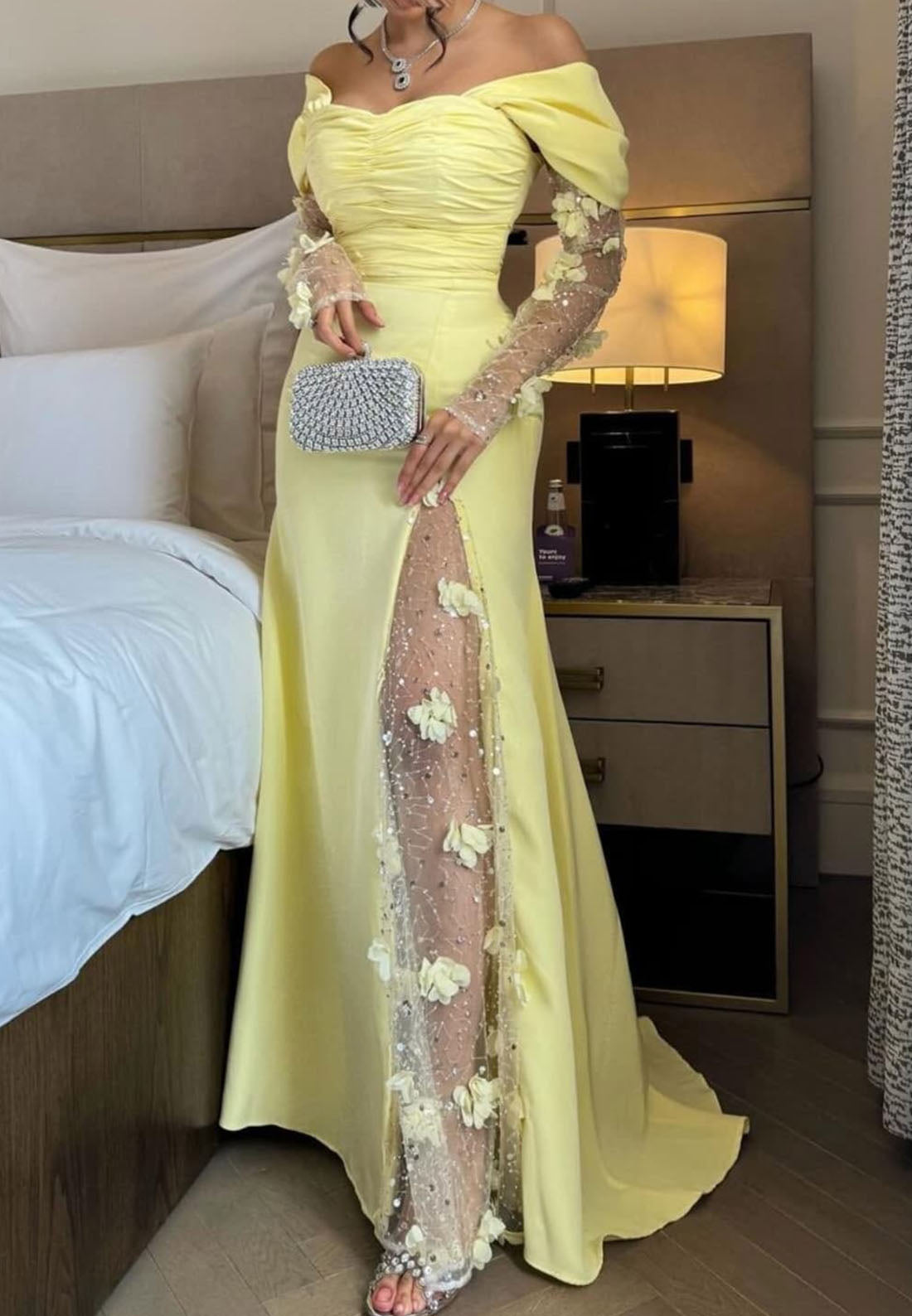 Off-Shoulder Long Sleeves Floral Embellished Sheath Prom Dress