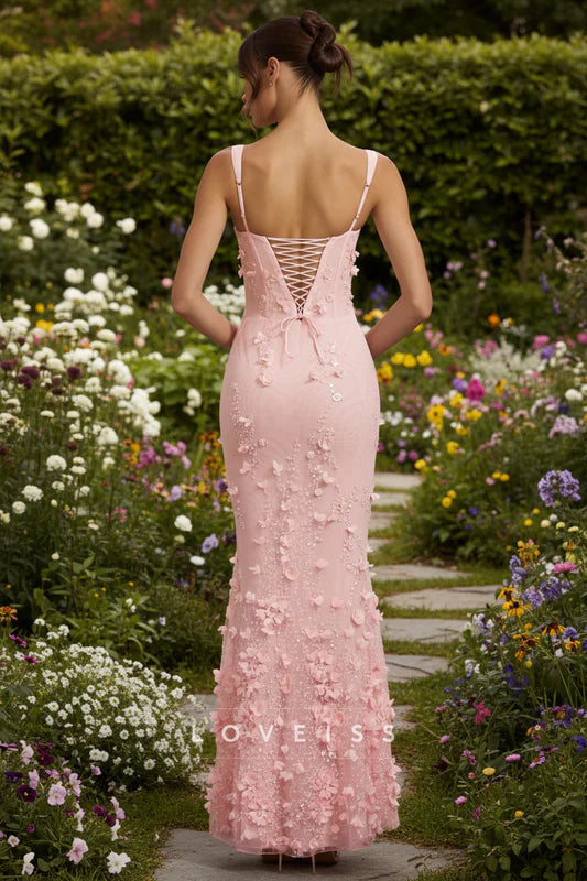 Square Straps Floral Embellished Fishtail Corset Prom Gown