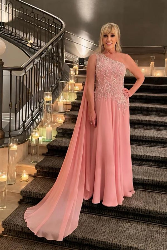 One-Shoulder Long A-Line Chiffon Lace Evening Dresses with Beads