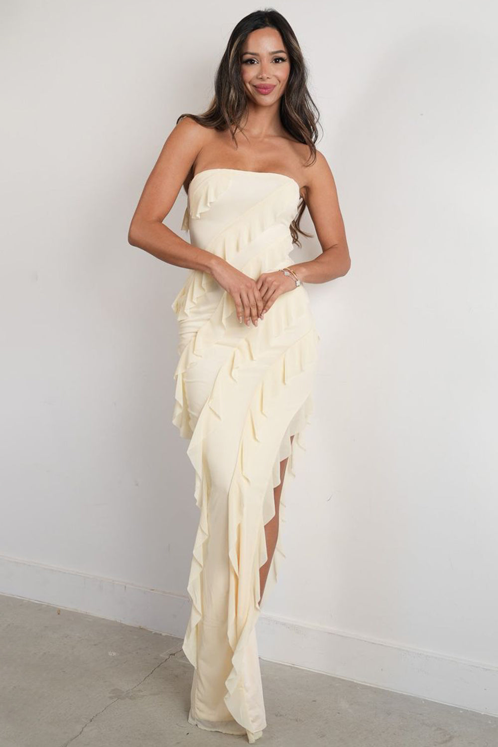 Fashion Sheath Strapless Pink Long Prom Dress with Ruffles