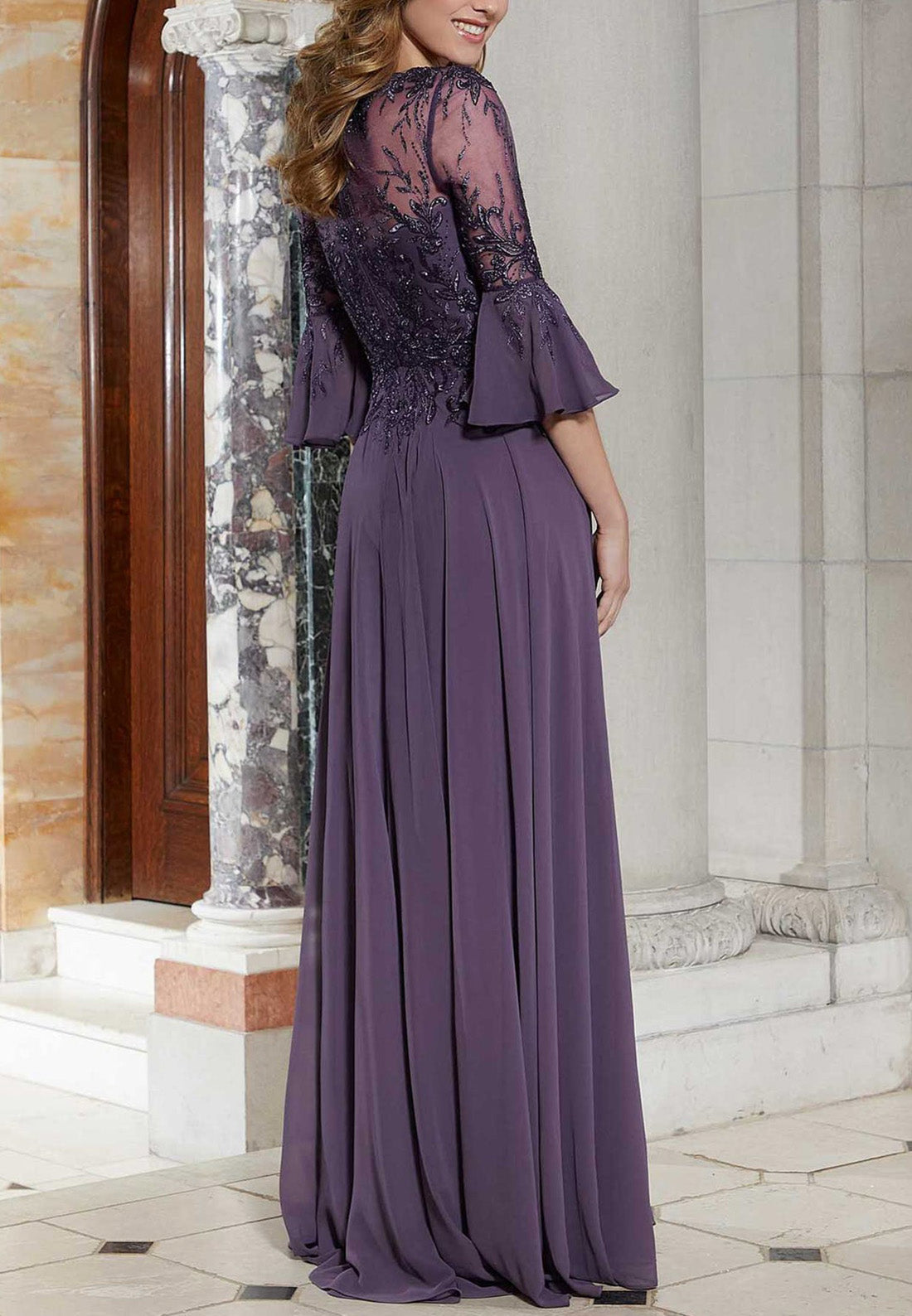 V-Neck Long Sleeves Appliques Pleated Chiffon A-Line Prom Dress