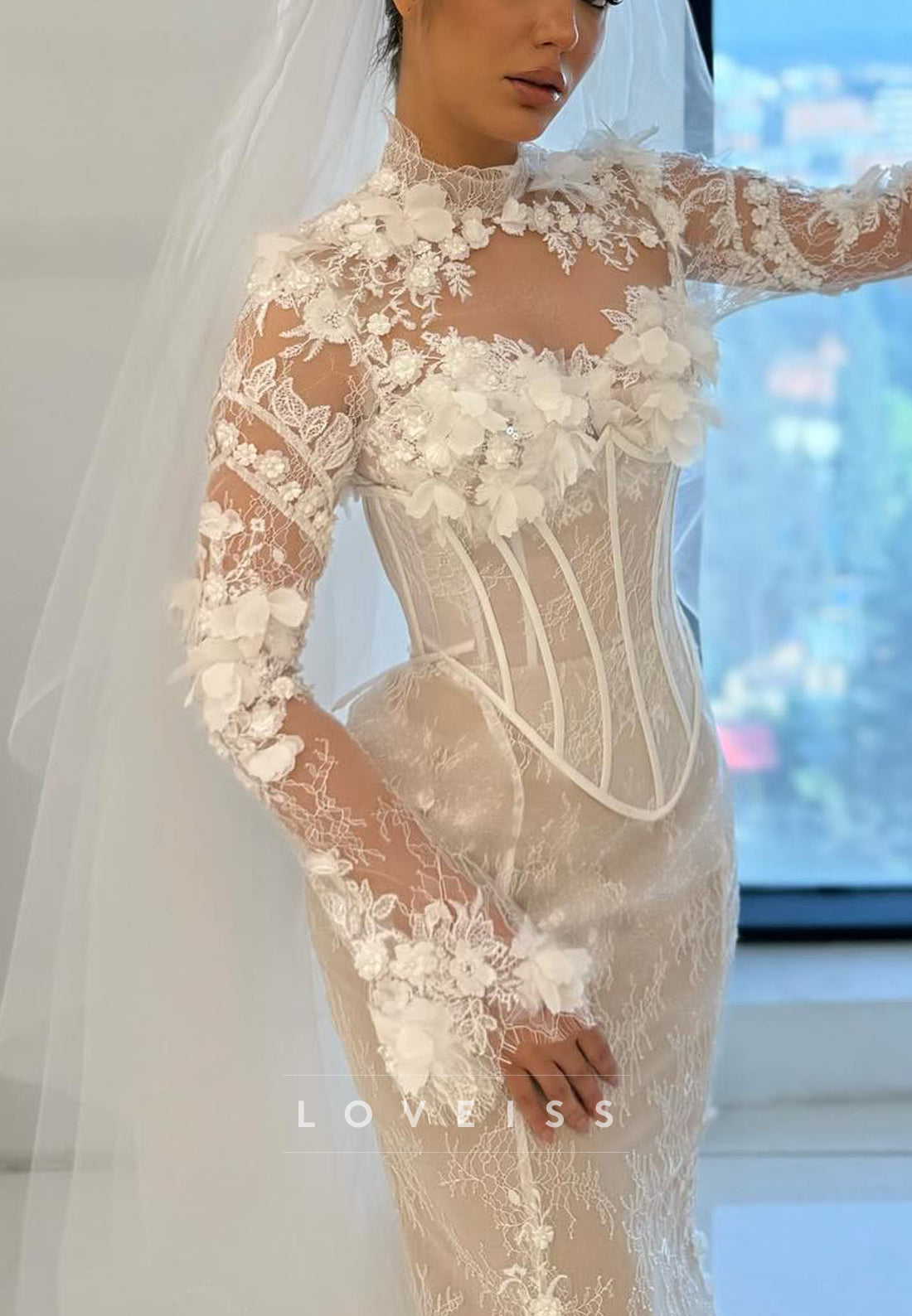 High Neck Long Appliques Floral Embellished Mermaid Wedding Dress