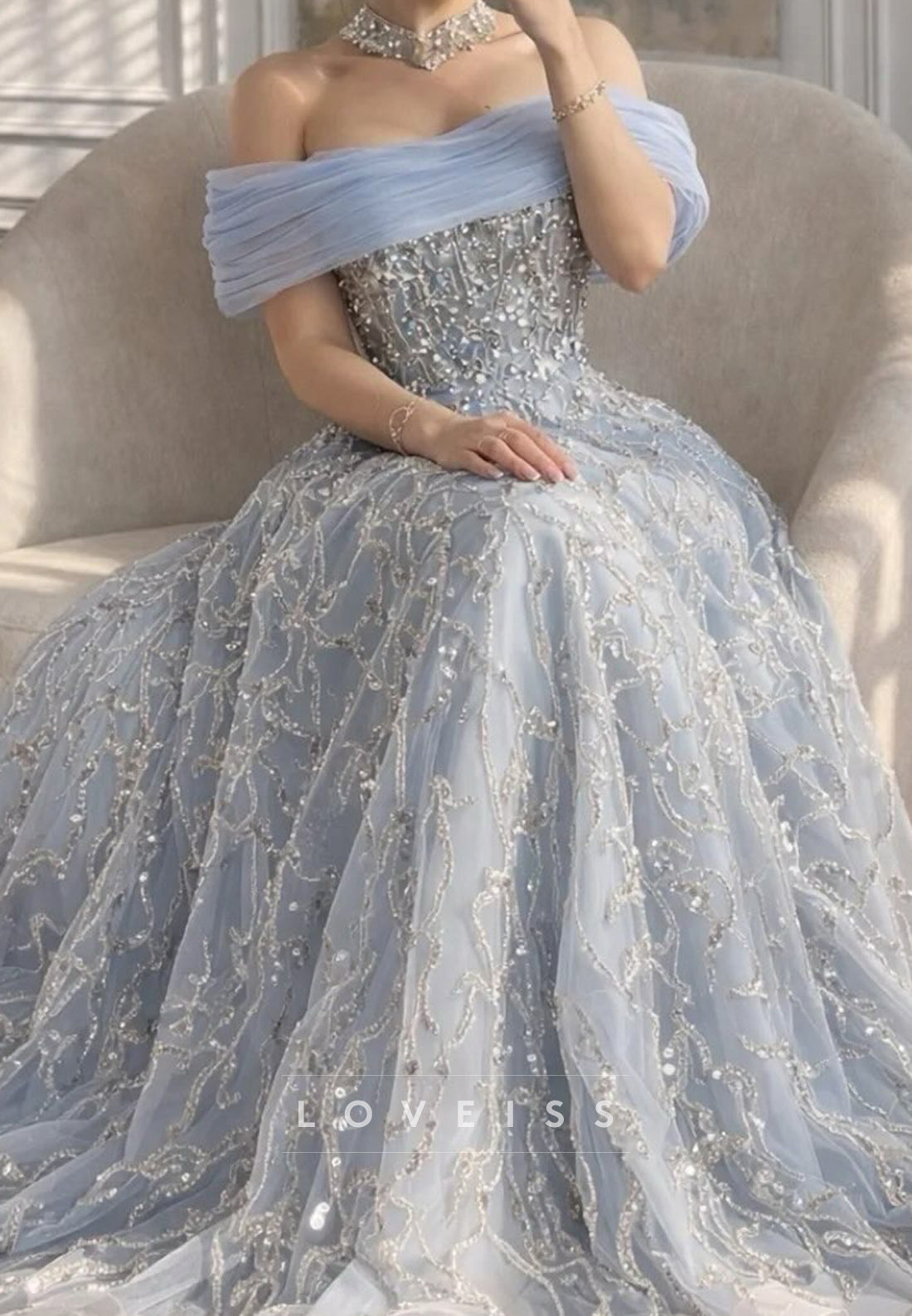 Off-Shoulder Sparkly Beaded Embroidery A-Line Prom Dress