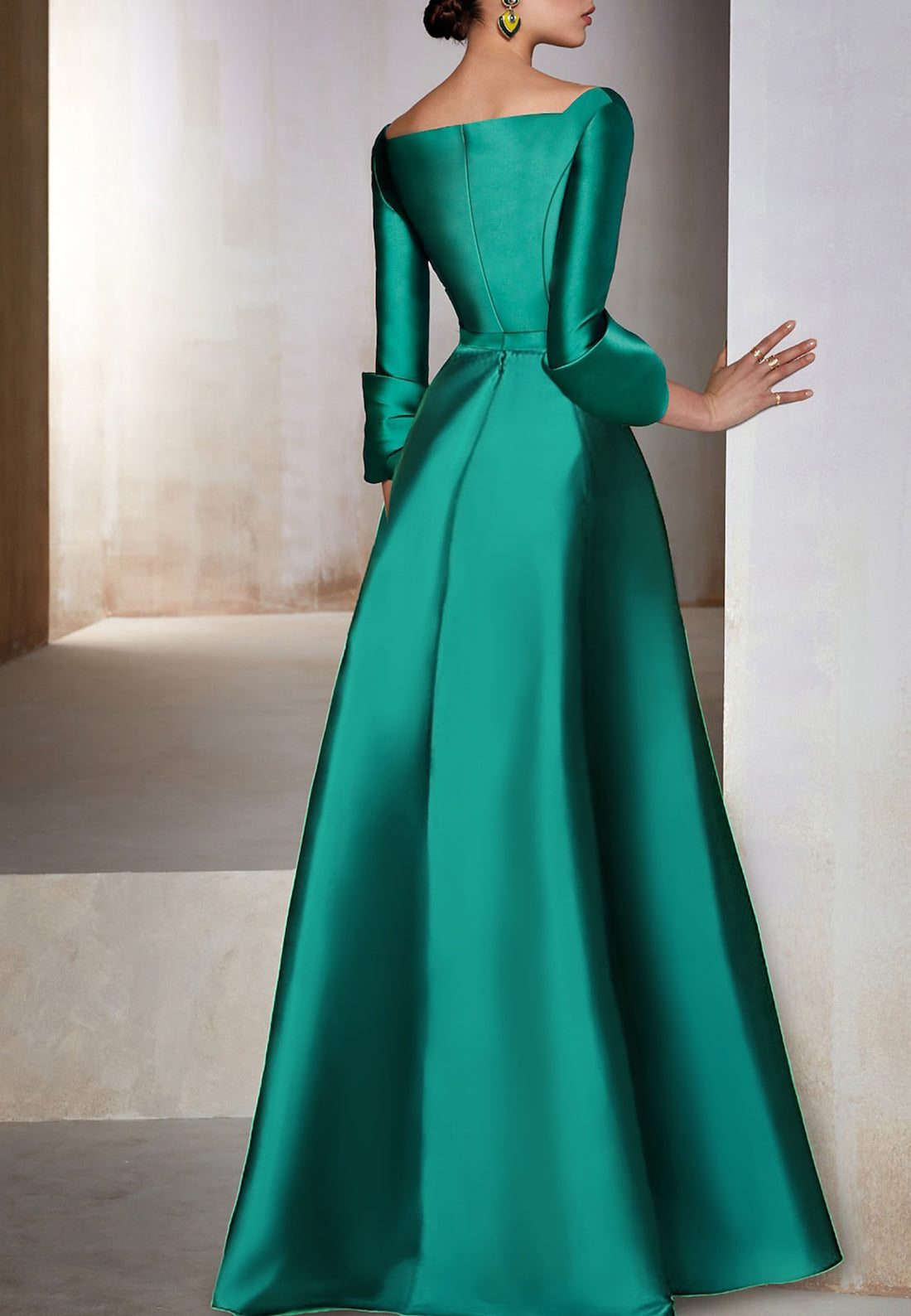 A Line V Neck 3/4 Sleeves Satin Mother of the Bride Dress Long Formal Dress for Wedding