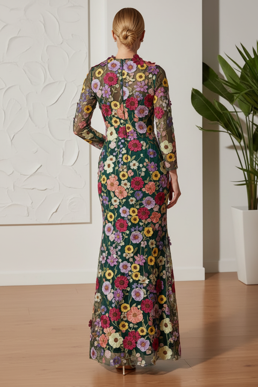 High Neck Long Sleeves Appliques Mermaid Mother of Bride Dress