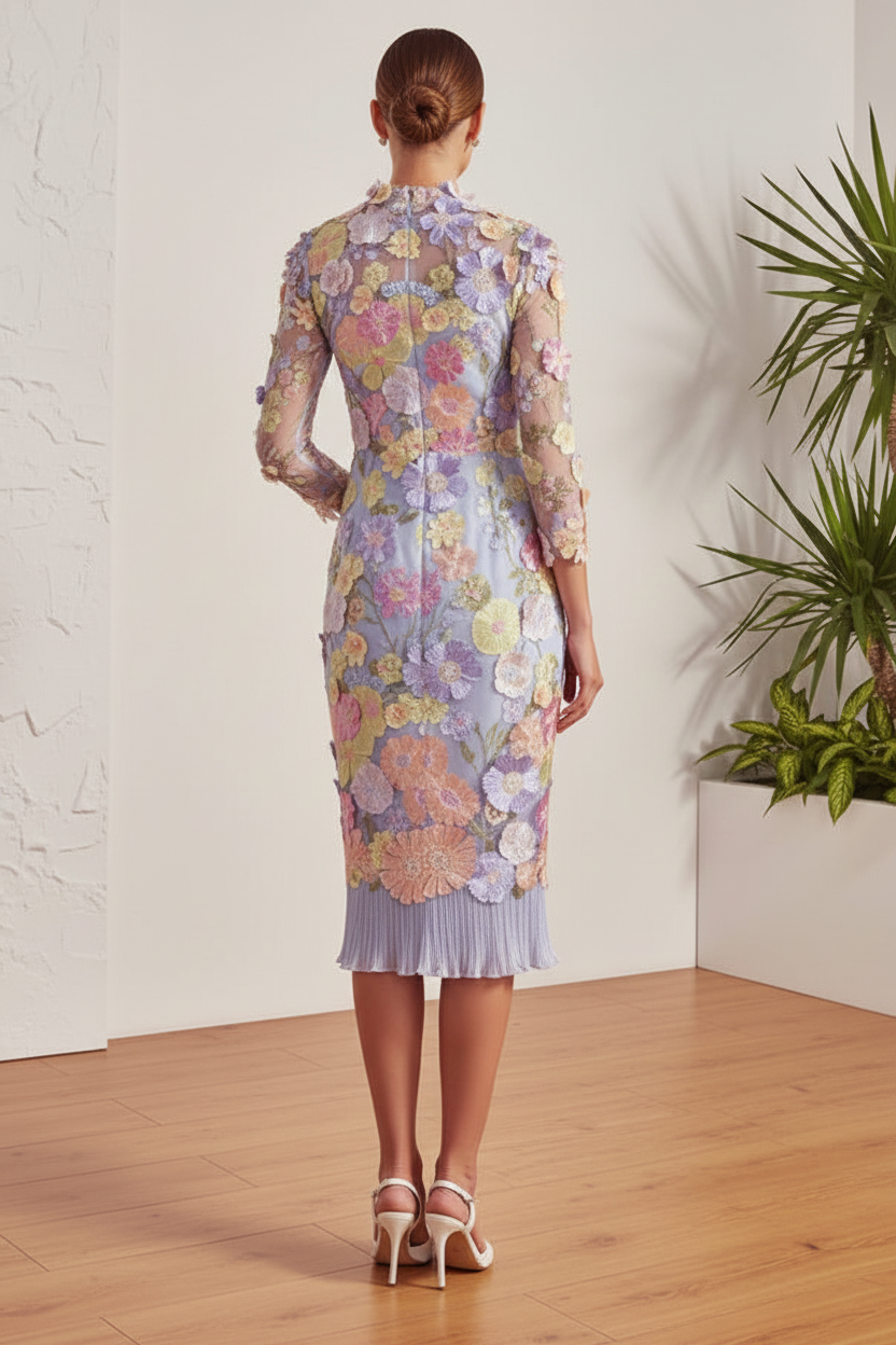 High Neck Long Sleeves Appliques Sheath Mother of Bride Dress