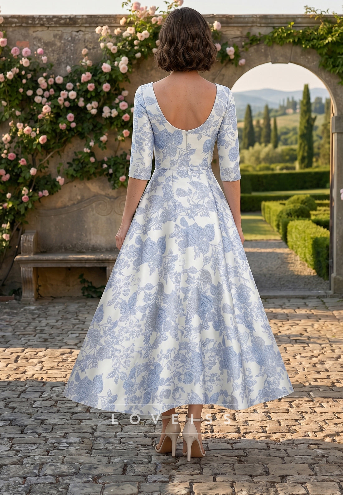 V-Neck Jacquard Mother of the Bride Dresses Floral Tea-Length Half Sleeves Ruffles