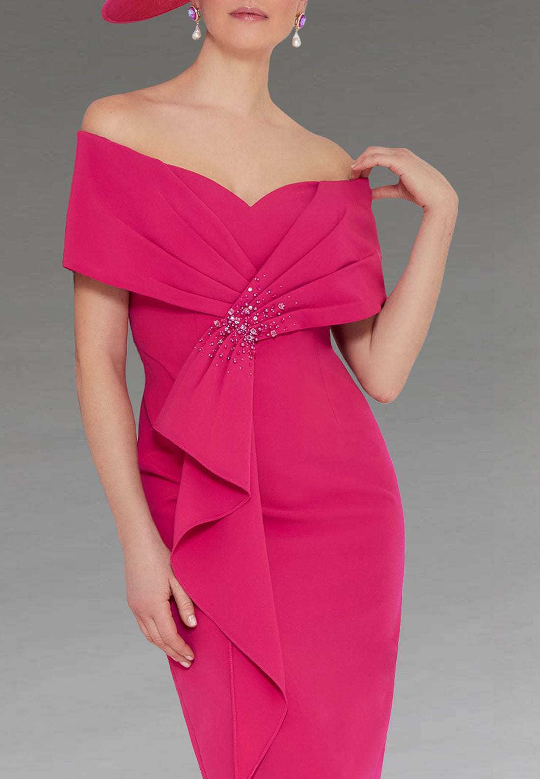 Off-Shoulder Short Sleeevs Ruffled Sheath Mother of Bride Dress