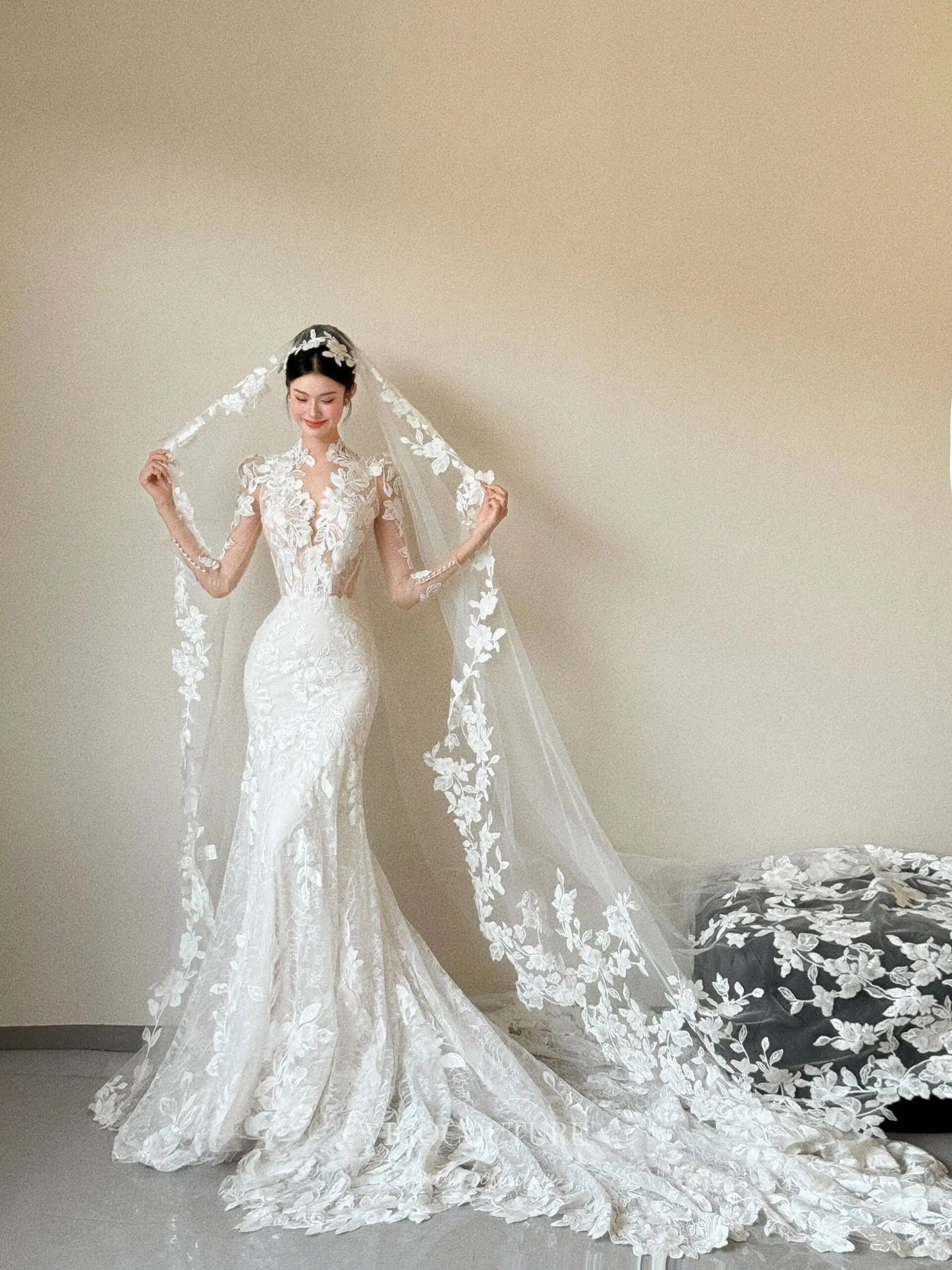 Floral Lace Mermaid Wedding Dress with Illusion Bodice, Long Sleeves, and Cathedral Train