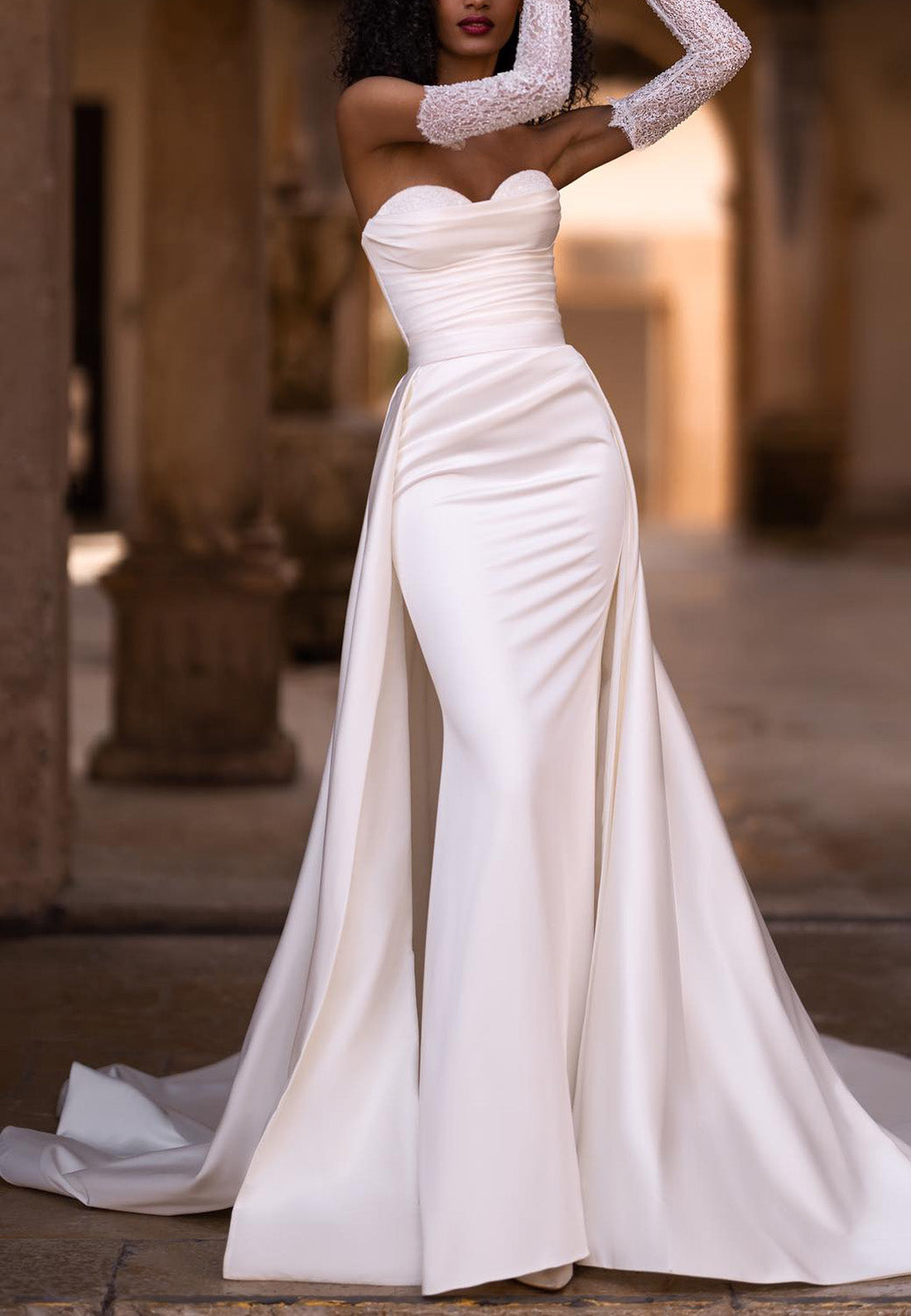 mermaid wedding dress with removable train Sleeveless Floral Lace Mermaid Wedding Dress Detachable Train