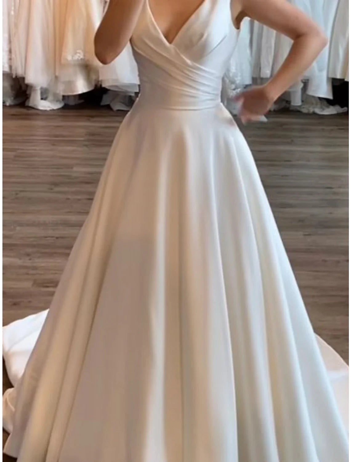 Formal Wedding Dresses A-Line V Neck Sleeveless Court Train Satin Bridal Gowns With Pleats Ruched