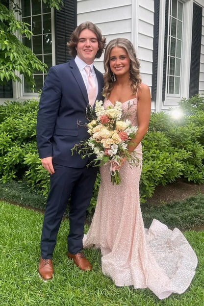 Sparkly Mermaid V Neck Blush Pink Sequins Long Prom Dress