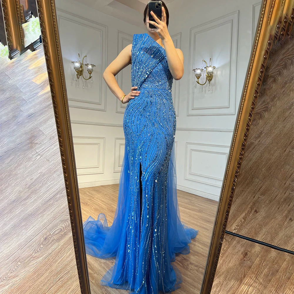 Strapless Evening Dress with High Split, Beaded Elegance