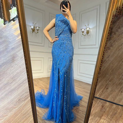 Strapless Evening Dress with High Split, Beaded Elegance