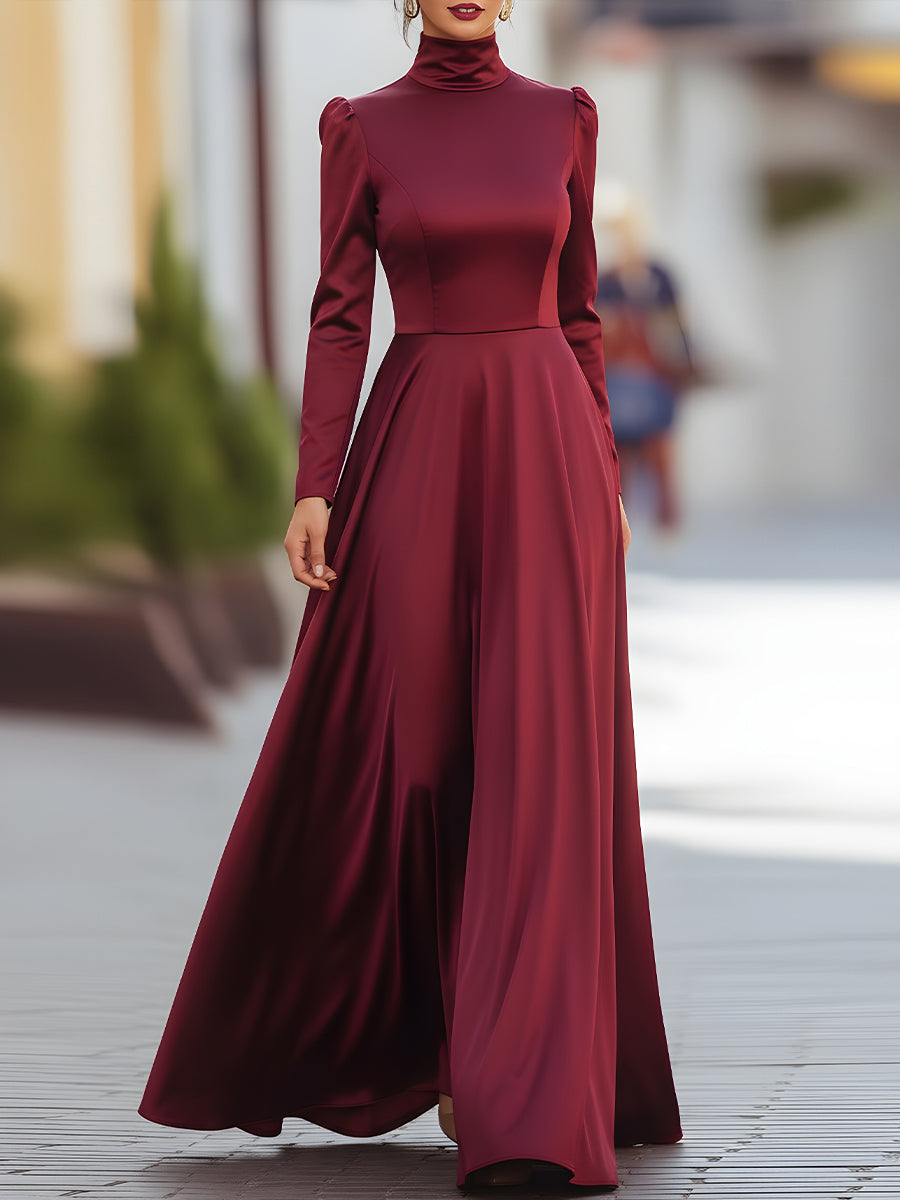 Burgundy Satin Maxi Dress With High Neck And Flowing Skirt