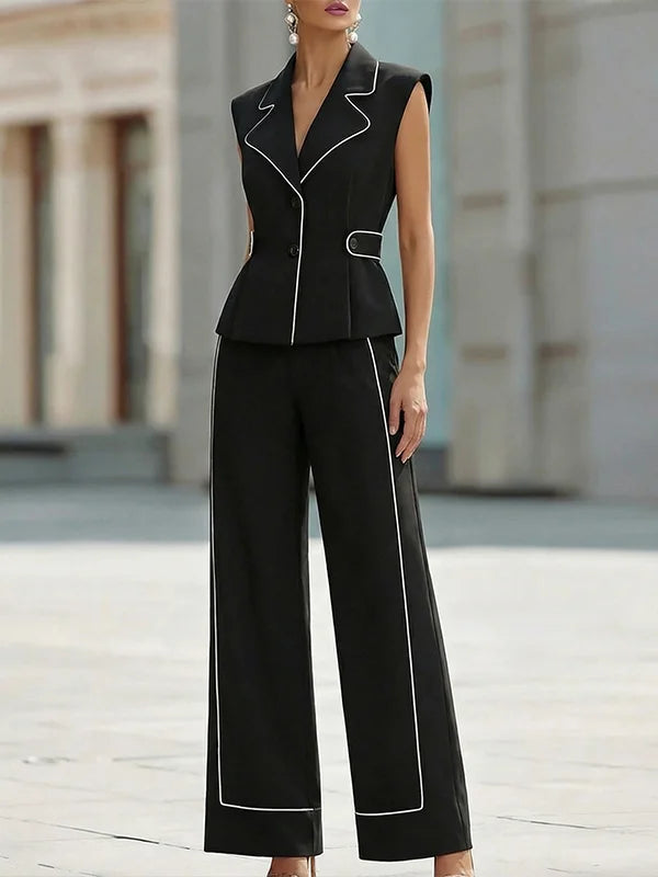 Black Sleeveless Wide Leg Blazer Pants With White Trim 2-Piece Suit