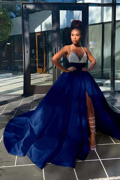 Glamorous Yellow Sequins V-Neck A-Line Prom Dress  Sleeveless With Split