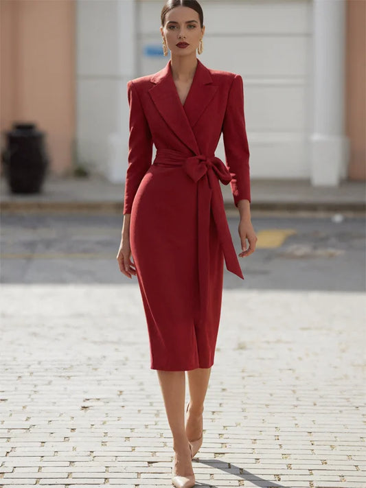 Wine Red Bow Blazer Dress