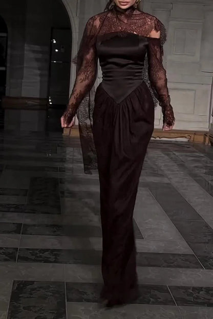 Lace Trim See Through High Neck Tied Slit Hem Maxi Dresses