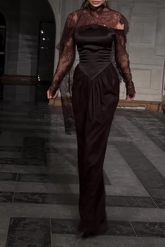 Lace Trim See Through High Neck Tied Slit Hem Maxi Dresses