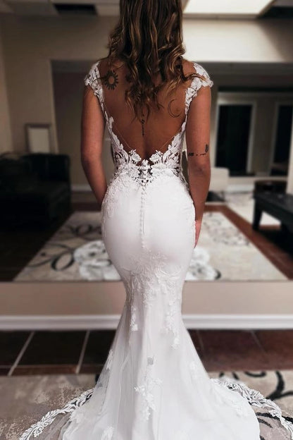 Elegant Mermaid V Neck Lace Wedding Dresses