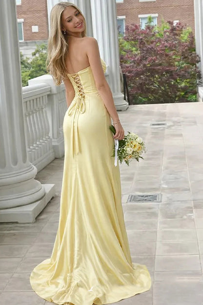 Strapless Yellow Ruffled Hem Long Dress with Slit