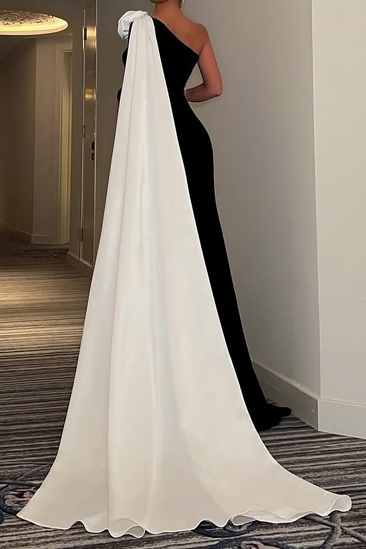 3D Flower Decor Skew Neck Colorblock Gowns Maxi Cape Dresses-Black