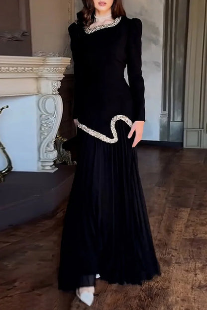 Rhinestone Beads Decor Lace Up Patchwork Pleated Chiffon Party Maxi Dresses