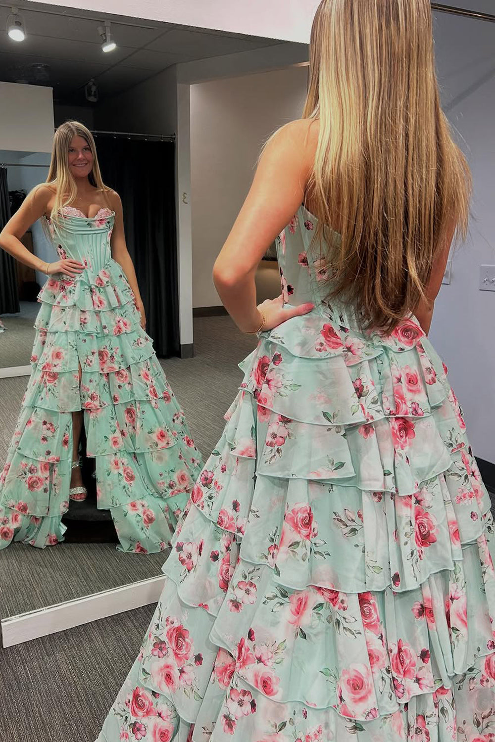 Cute A Line Strapless Sweetheart Floral Chiffon Tiered Long Prom Dress