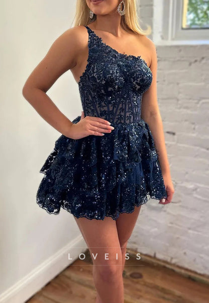 One Shoulder Sleeveless Sequins Appliques Tiered A-Line Homecoming Dress