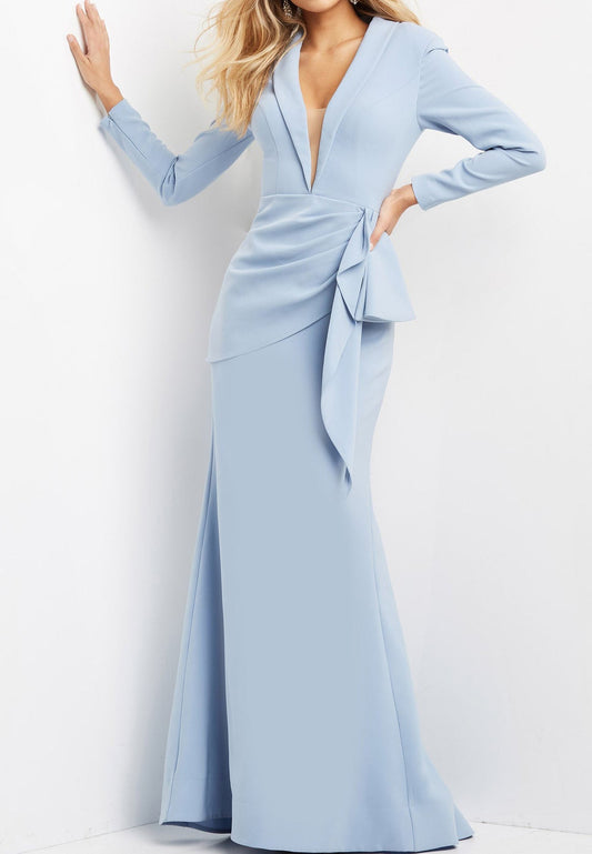 V-Neck Long Sleeves Pleated Ruffled Mermaid Mother of Bride Dress