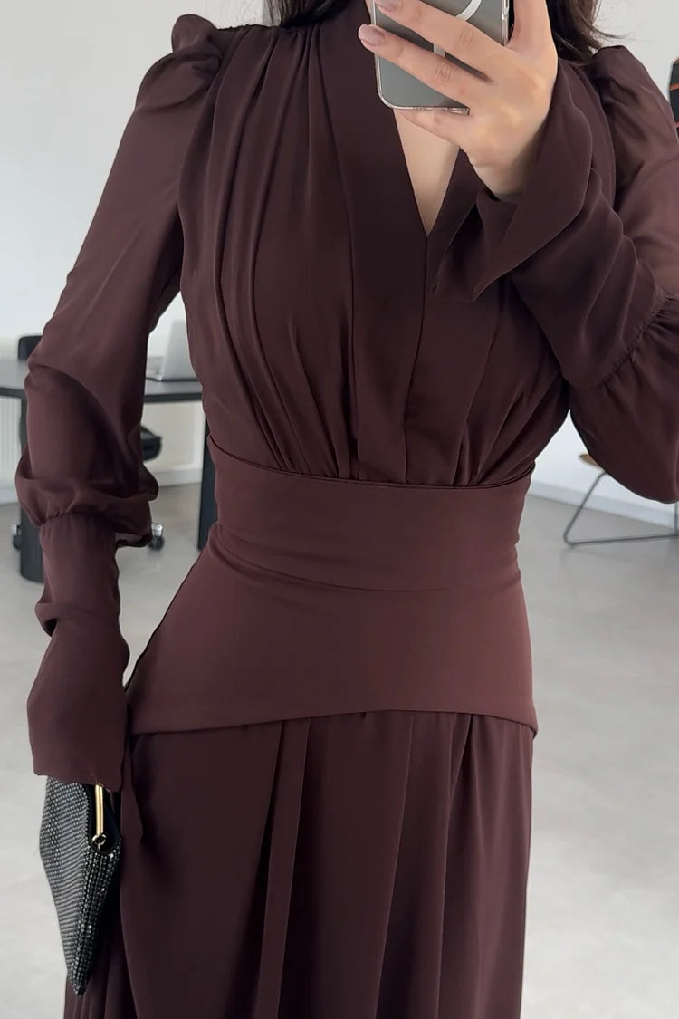 Pleated V Neck Puff Shoulder Long Sleeve Party Maxi Dresses